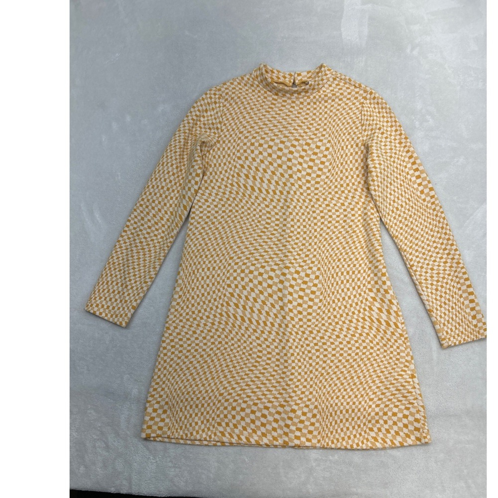 Zara Dress Juniors Women 13-14 Yellow Checkerboard Mock Neck Long Sleeve Retro